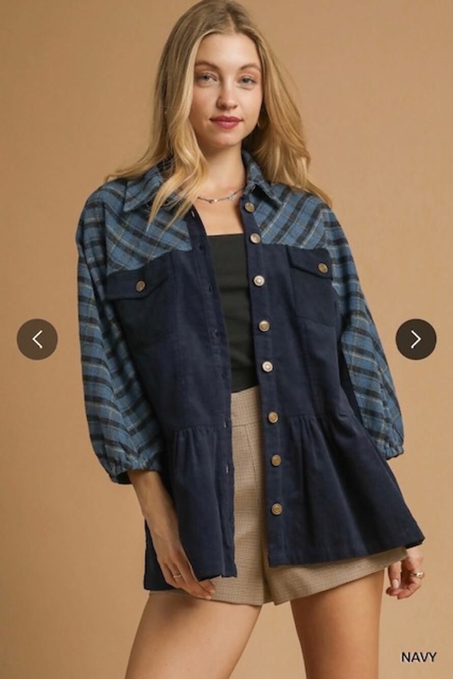 Umgee - Plaid Contrast Corduroy Button Down Shacket - Large
